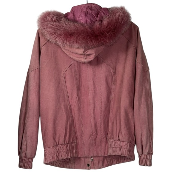 Maggie Lawrence pink leather zip/snap close fox fur trim bomber jacket Sz M PINK - Picture 3 of 13
